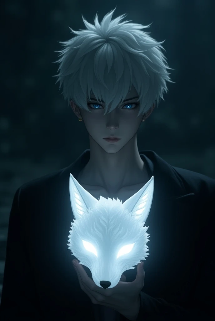 25-year-old cute Japanese handsome man, 198 cm tall, white wavy hair, blue-green eyes, white glowing eyes, young man holding a white glowing fox mask reflecting his face, emphasizing the silhouette of the young man, illuminating the surrounding darkness, d...