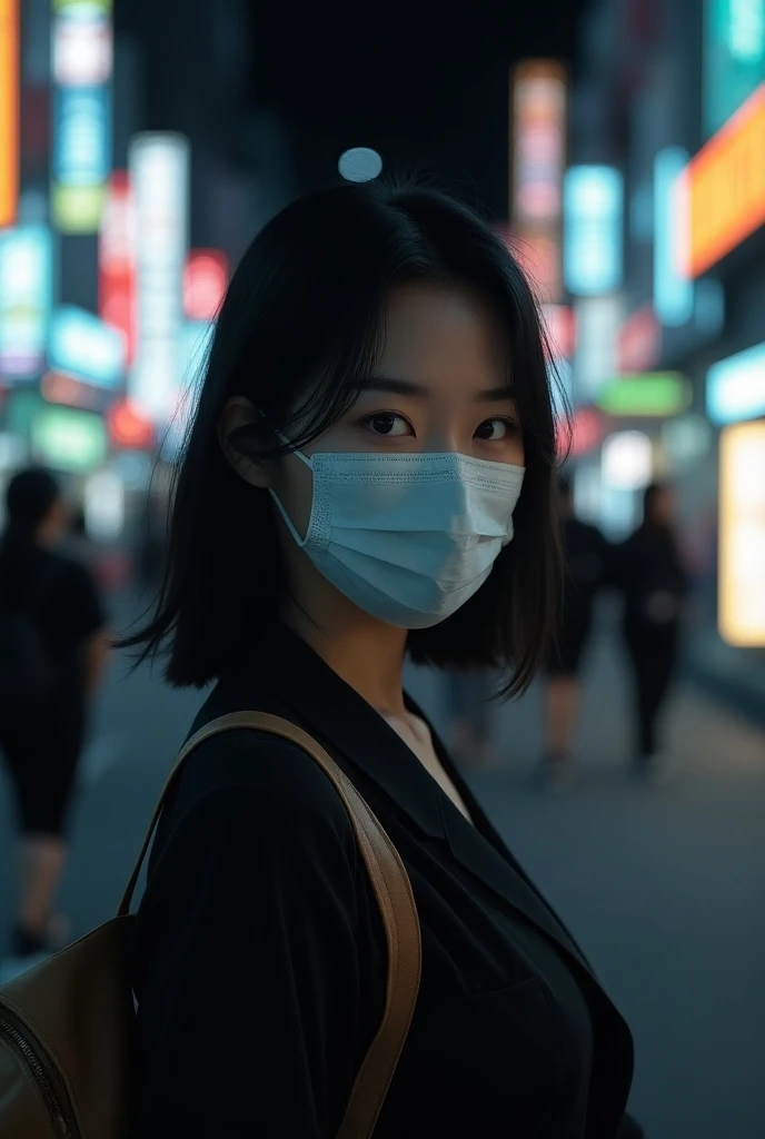 The most beautiful Japanese girl 、live-action、Real semi-long, light-pigmented black hair、Date Clothes、Wearing a mask、The background is a busy street at night