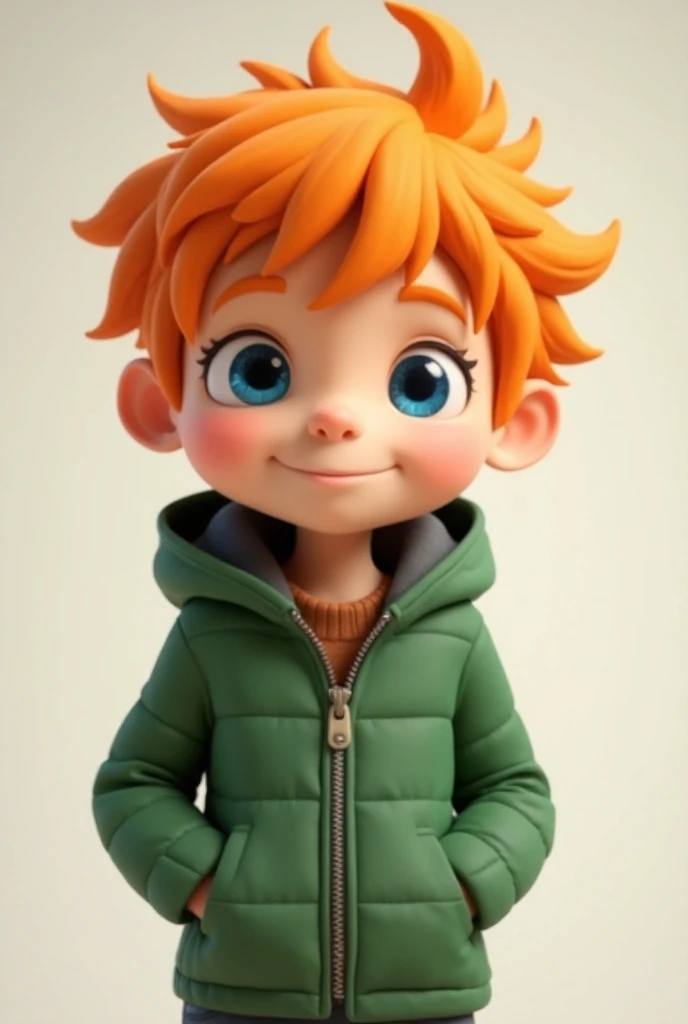  cartoon boy with orange hair and blue eyes in a green jacket, cute Cartoon character, Cartoon character, Cartoon style illustration, highly detailed character, Nice 3D rendering, Adorable Digital Painting, lindo personaje, Stylized 3D Render, very stylish...