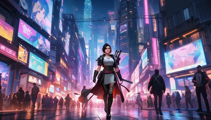 A realistic photo of Lady Sif in the Cyberpunk world, (full body shot), (ohwx woman), (Jaimie Alexander), She wear traditional Norse viking armor and outfit but in the cyberpunk style, she has a sword pinned on her back, She has several high-tech implants ...