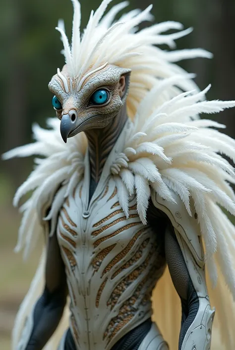 A photography of intelligent humanoid avian alien,peacock race detail light white long feather with brown pattern feather in muscular bulk big body,so masculine, so wise, so brave, Wide large blue eye, wear white mecha future armor, 