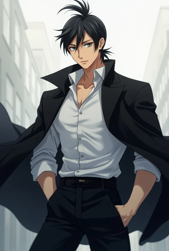 a young man of average height and a well-defined muscular build. gray eyes and he started wearing a white shirt with dark pants, under a black cloak.  Saikon tied his black hair in a bun and has no mustache or goatee, and has a clean, understated look.  an...