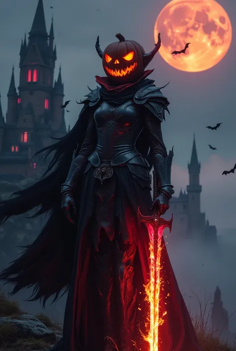 Pumpkin head woman, weird glowing eyes, Halloween warrior using huge flaming overwhelming sword, black knight armor, dark theme costume, dark fantasy tone , 8k, vivid render, flashy cosplay, super detailed fantasy character, dark goddess, wacky fantasy arm...