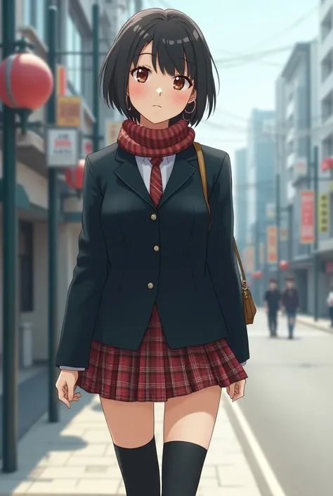 With twisted hoop earrings、With a scarf around my neck、 wear a black long sleeve suit with a striped tie、 wearing a plaid ultra-short miniskirt and black overknee socks 、Make a short cut photo of a Japanese high school girl walking around the city。(The hai...