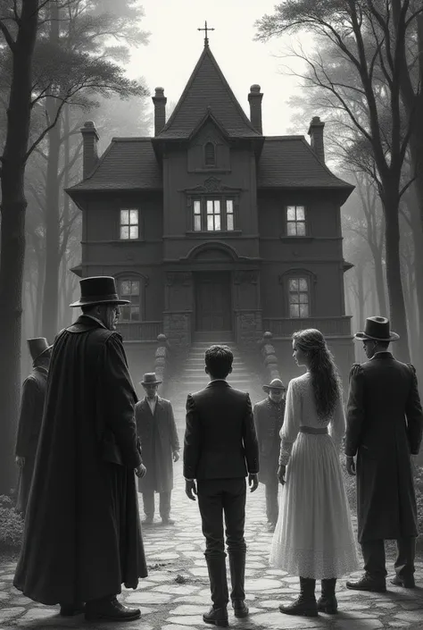  of a group of vampire hunters from 1885 , cercados por vampiros beautifuls e strongs,Dressed like mortals of the time without hats.  They are outside a dark mansion , near trees and forest ,  they are enemies and face 
, In the midst of them ,  the leader...