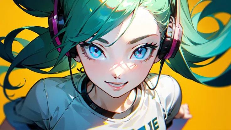 Brazilian girl, (((Various hair styles))) (((Various eyes color))),headphones over ears,((( Various graphic t-shirt))), (((Various shirt color))), (((Various short color))),sneakers,artistic background,abstract painting, vibrant colors,upbeat atmosphere,hi...