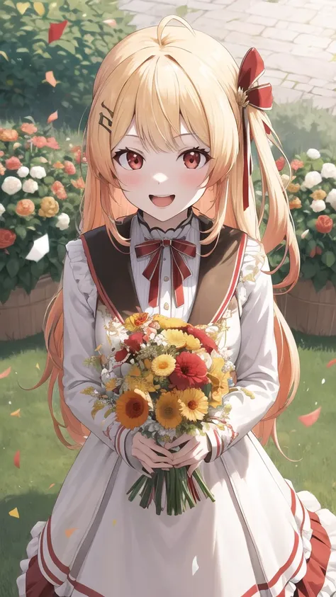 masterpiece, best quality, highres, kanadeyj, long hair, one side up, hair ribbon, hair ornament, ahoge, red eyes, wedding dress, standing, garden, confetti, holding bouquet, smile, open mouth,