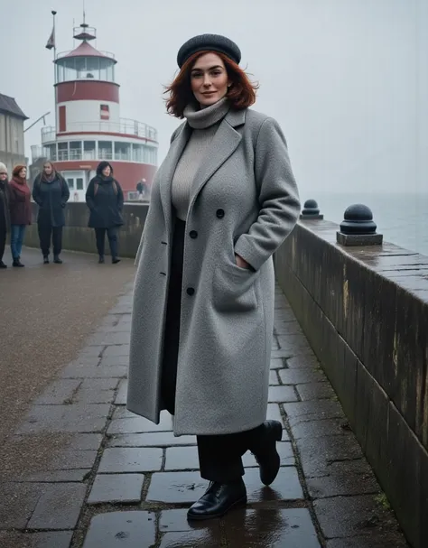 photorealistic, cinematic style, picture of a beautiful british woman walking on the harbour pier on a fohhy morning. (dynamic p...