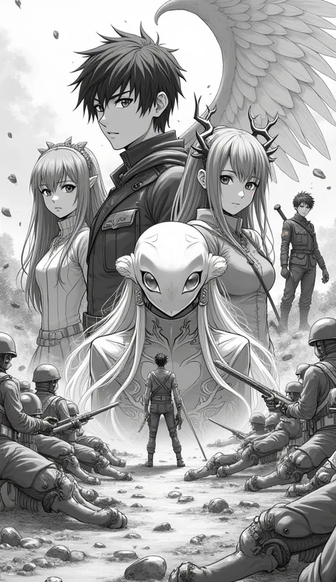 a black and white drawing of a group of anime characters, angel slayer, partial symmetry features, different colors, portrait of a teenage jellyfish, machine vs demons, webtoon, dead soldiers, gender swap, detailed students, phase 2, promotional rendering,...