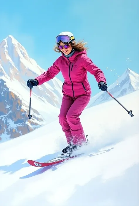 expressionism painting : an asian woman with light brown hair wearing magenta skiing gear , is playing ski happily pn the mountain