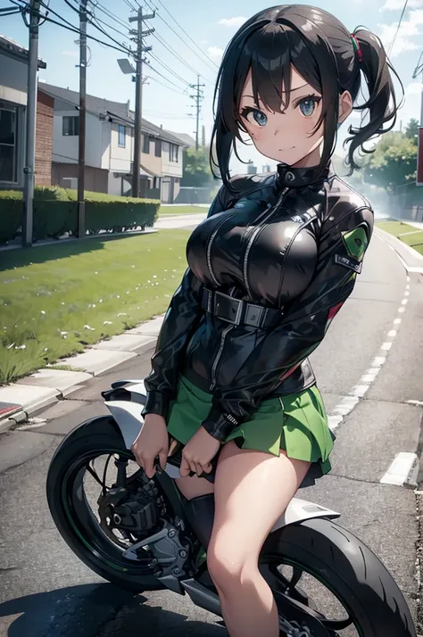 Kawasaki Ninja H2R, motorcycle riding, girl, young, big breasted, mini skirt