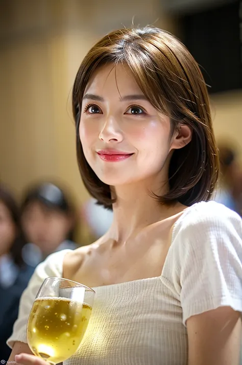 ((White Wine)),((Wine Glasses)),(Realistic, 超Realistic:1.4), 16K HDR,  High Resolution ,((White Wine)),((Wine Glasses)),Happy smile、short hair,The best smile、Japanese actress,so beautiful(It looks like the real thing),dress、Slim couple、Model Couple、(Realis...