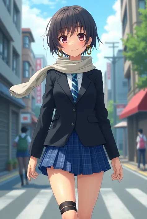 With twisted hoop earrings、With a scarf around my neck、 wearing a black long-sleeved suit with a striped tie 、 wearing a blue plaid ultra-short miniskirt and black overknee socks、 made a picture of a short-cut Japanese high school girl walking around the c...