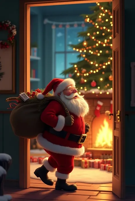 Animated Santa Claus leaving the cozy house that can be seen from the door the fireplace a gigantic Christmas tree with lots of presents