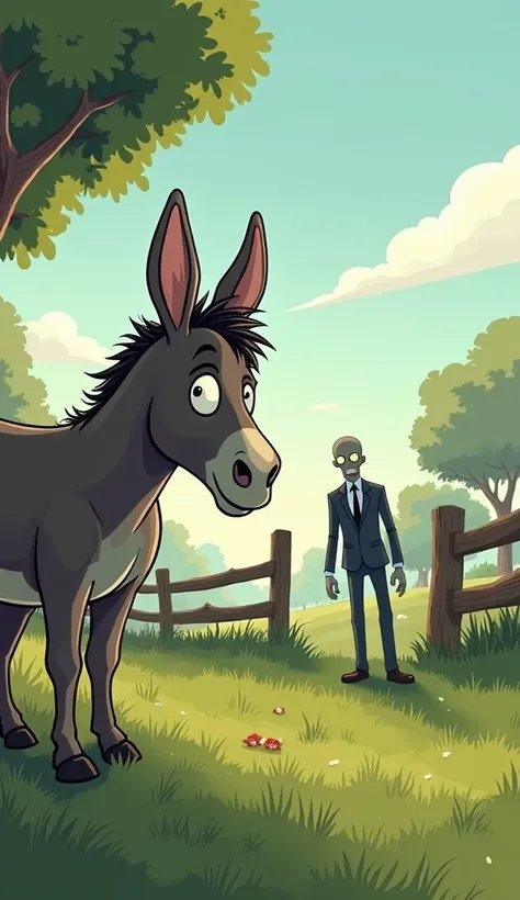  The donkey eating grass next to a broken fence ,  while a shadow of a zombie approaches from behind, unnoticed by the donkey . in British cartoon style