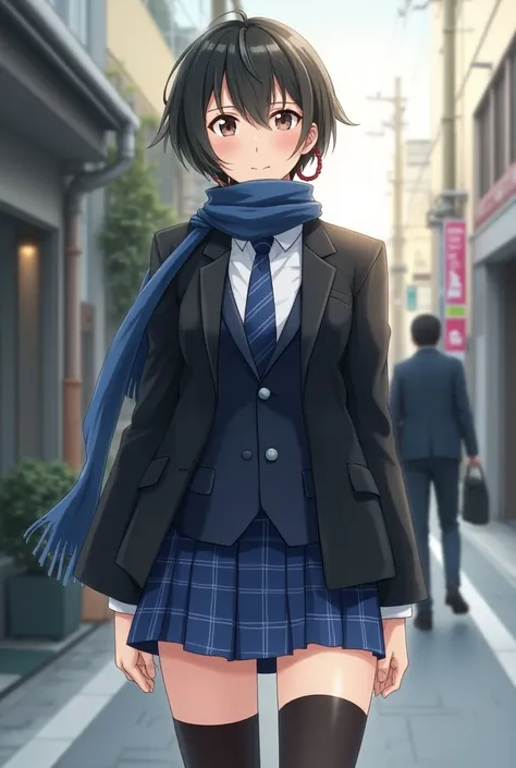 With twisted hoop earrings、With a scarf around my neck、 wearing a black long-sleeved suit with a striped tie 、 wearing a blue plaid ultra-short miniskirt and black overknee socks、 made a picture of a short-cut Japanese high school girl walking around the c...