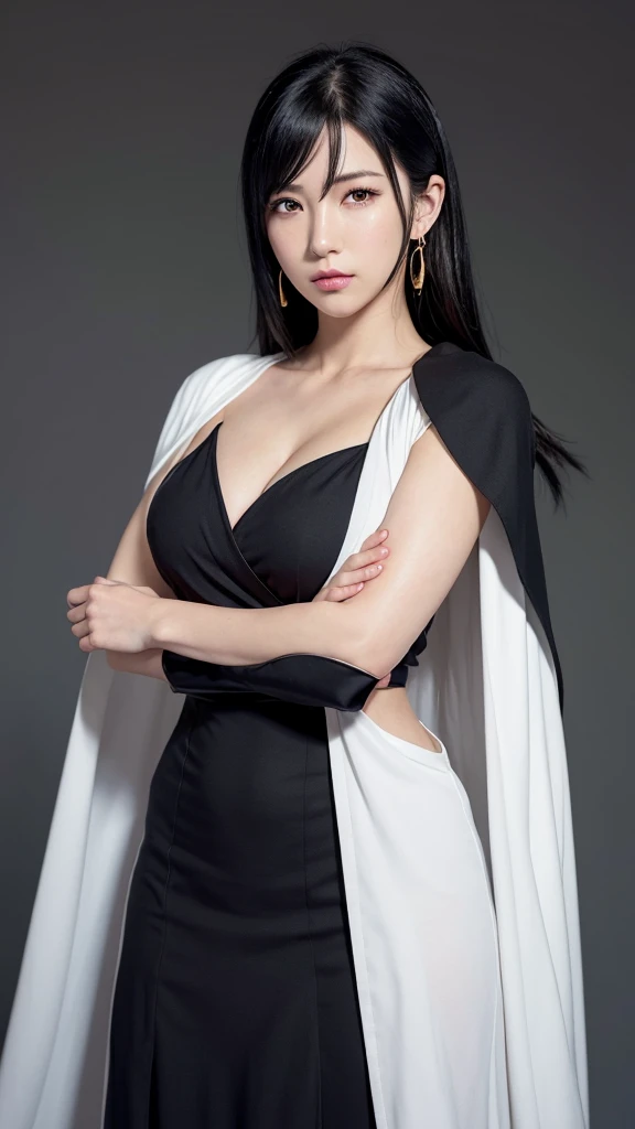 FF7 Tifas face 、 upper body、 wearing a Japanese black kimono、Wear a white cape over your shoulders 、ONE PIECE navy style cloak 、Black Hair、 Gold Earrings 、 An Extraordinary Beauty 、Alluring,  High Resolution , , focus your gaze, From the waist up、Thin eyeb...