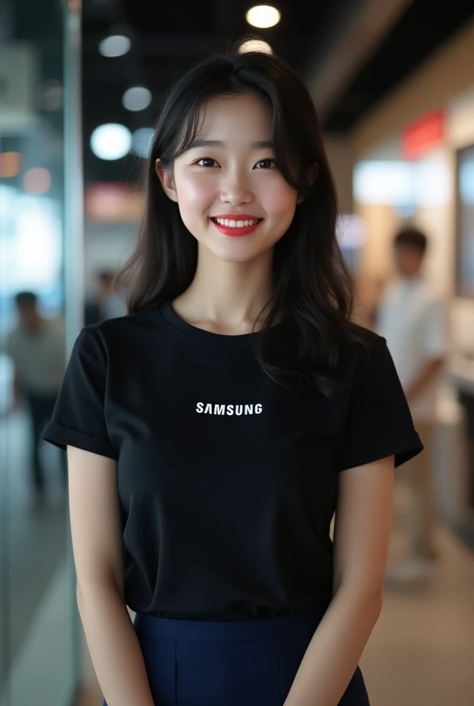 1 korean girl, 20 years old, strikingly beautiful, black hair, big breasts, delicate facial features, red lips, expressive eyes, in the samsung store,employee, samsung girl, navy pencil skirt, black t-shirts, ((awe and joy expression)), kind smile, full bo...