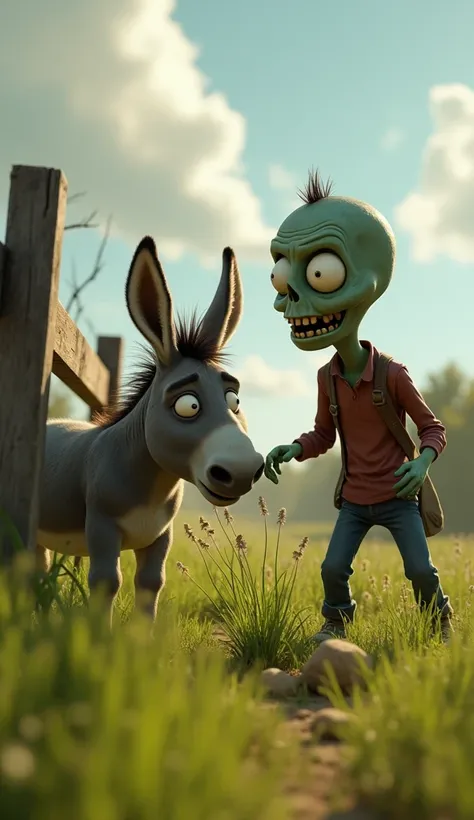  The donkey eating grass next to a broken fence , As a Pixar-style zombie approaches