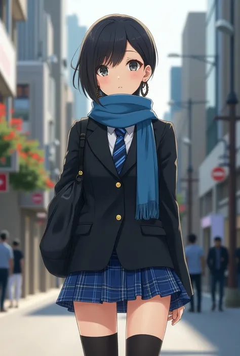 With twisted hoop earrings、With a scarf around my neck、 wearing a black long-sleeved suit with a striped tie 、 wearing a blue plaid ultra-short miniskirt and black overknee socks、 made a picture of a short-cut Japanese high school girl walking around the c...