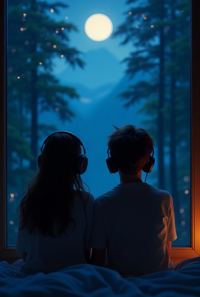 "a girl and a boy wearing headphones, sitting by a window overlooking a beautiful night landscape with trees, enjoying listening to music together, detailed portrait, hyper-realistic, cinematic lighting, vibrant colors, 8k, photorealistic 18+age beautiful ...