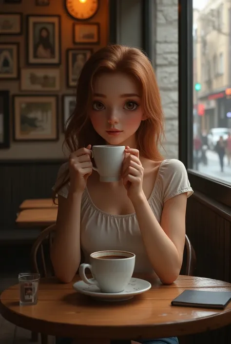 A girl drinking coffee 
