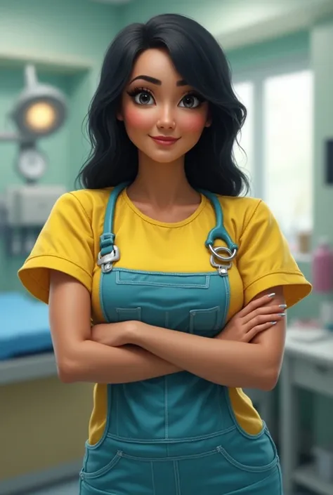  Woman weighing 100 kg with big straight black hair, With Minions uniform nursing technician  ,  happy measuring 163 cm tall with black eyes well-done eyebrows natural lip