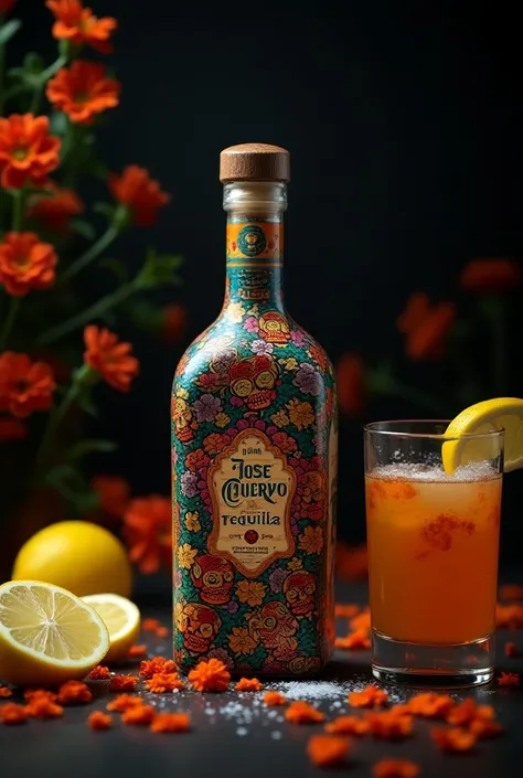 José Cuervo Tequila Day of the Dead edition served with lemon and refisal salt
