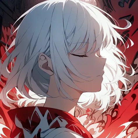 Dark white and red anime style, graffiti art, complex composition, kingdom, silver and red, 1 girl with white hair and closed eyes