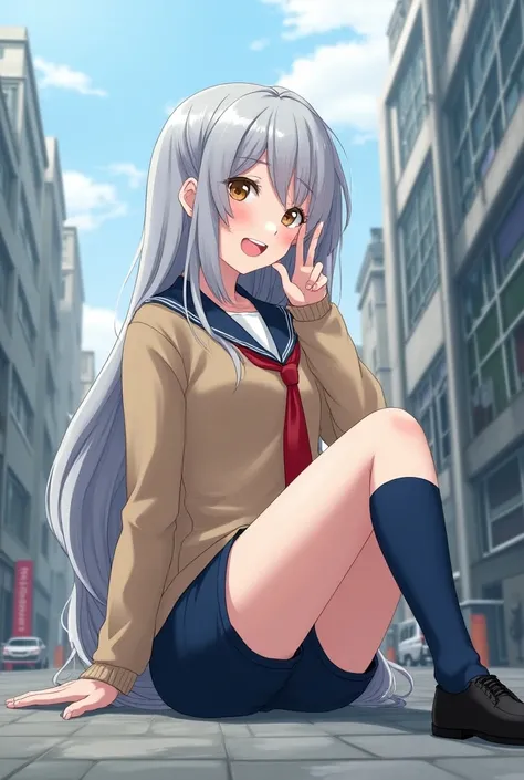 a giant one thousand feet tall anime girl in a tan school girl outfit with a red tie she has navy blue socks and black shoes she also has hazel eyes and grey hair she is seventeen years old and is white skin and has skin tight short shorts and has her mout...