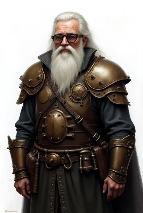 ((semi-realistic painting)) ((white background)) (d&d) (dark Fantasy) An old man artificer , (( full armor of steampunk plates)), big white beard,  gray hair ,  (steampunk glasses )