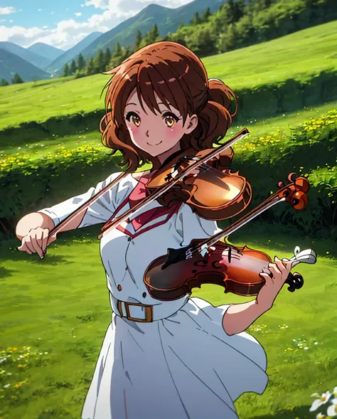 cute 1 girl, violin playing, smile, slim, dress, outdoor, in nature, mountain々,  grassland, flower, null, floating hair