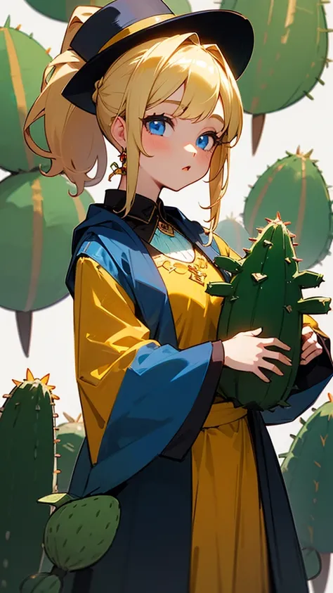 
 1 girl,  High Resolution , Blonde Perm、 ponytail、blue eyes、Mexican hat 、 Mexican folk costume 、The flashy colorful shades of Mexico、Cactus