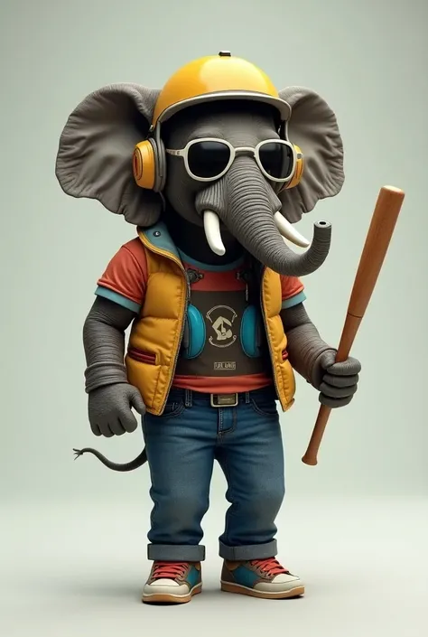 The elephant wears sunglasses, wears a helmet, wears a shirt with headphones, holds a baseball bat, wears cool sneakers and wears jeans.