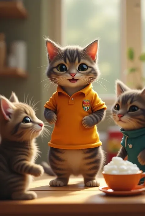 A cat wearing a soccer polo shirt standing drinking milk with his friends 

