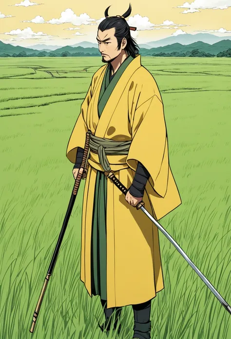   A samurai wearing a yellow robe with a large sword in the style of a drying rod, looking at a large green plain in front of him  