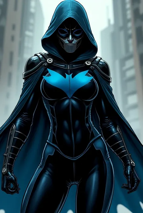 comic image, superhero woman, in a dark blue and black fitted suit,  with a black mask that covers his entire face, with a dark blue hood,  a symbol of a dark blue bird on his chest ,  dark blue cape ,  full body image , And behind , Let it be a comic draw...