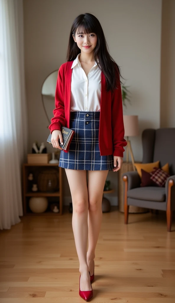 Front  view,  standing pose, fission model pose,   on wooden floor, beautiful young Japaneses girl,  35-age, (Black hair , long hair , fringe, beautiful dark brown eye, smile, earing), (C cup breasts, wide hip, stylish body), ( White shirt, red wool cardig...