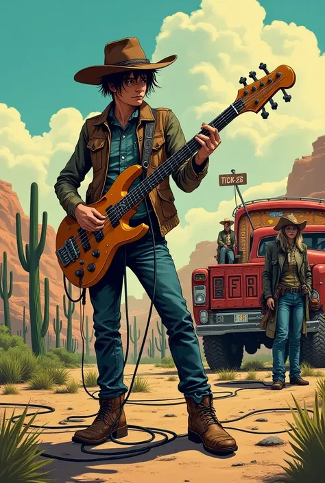  hyperrealistic Comic machine a young cyberpunk-looking cowboy connected through cables to a gigantic machine,  the young man is playing a keytar synthesizer keyboard from the 80s connected to the gigantic ,  several cowgirls and cowboys people standing in...