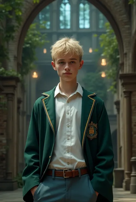 a handsome 17-year-old with short blond hair, freckles and black eyes, wearing a white shirt, light blue and green pants and wizard school clothes, in a wizard school setting, hyperrealistic, extremely detailed, 8k, masterpiece, cinematic lighting, fantasy...