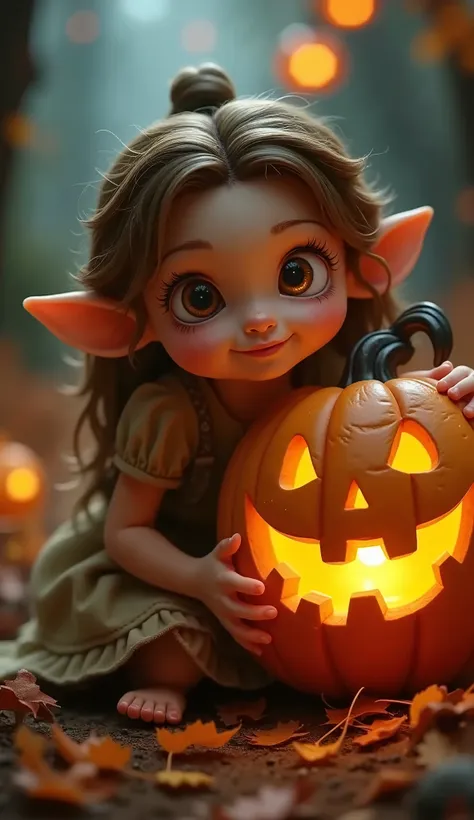 (best quality、masterpiece、 high resolution )、jack o'lantern and girl、 cute girl 、elf ears girl