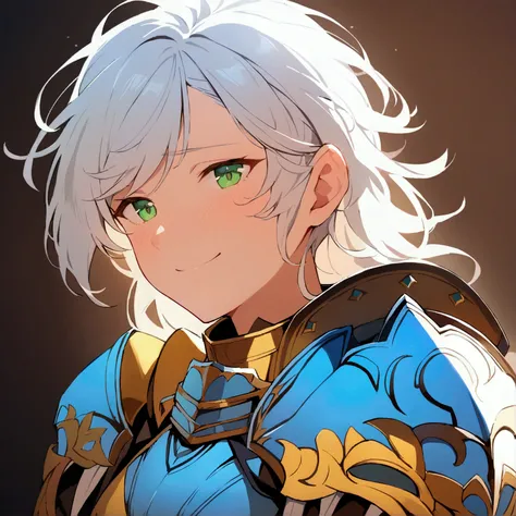 Full-length portrait of a white-haired girl with green eyes, wearing armor, gentle, shy, smiling, simple background