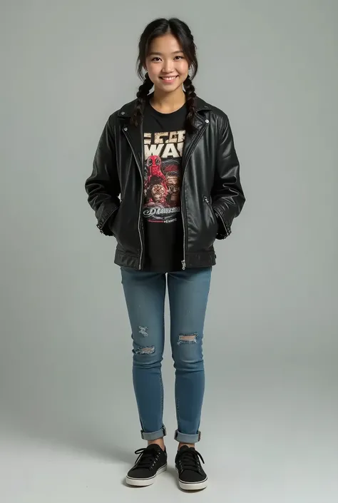 Neat Southeast Asians、Hairstyle braids、Ear piercing、Leather jacket、smile、 starwars shirt,, likes Star Wars, marvel and skateboarding, all interests should be inclouded, she should wear something deadpool or Spider-Man themed, a whole body shot with a neutr...