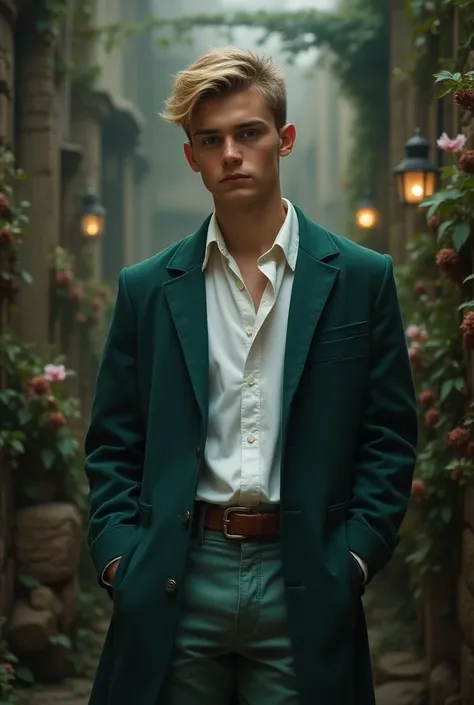 a handsome 17-year-old with short blond hair, freckles and black eyes, wearing a white shirt, light blue and green pants and wizard school clothes, in a wizard school setting, hyperrealistic, extremely detailed, 8k, masterpiece, cinematic lighting, fantasy...