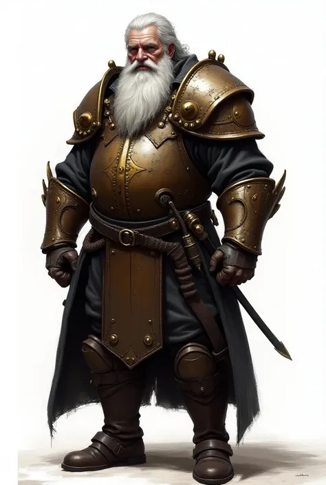 ((semi-realistic painting)) ((white background)) (d&d) (dark Fantasy) An old man artificer , ((full armor made of steampunk plates)), big white beard,  gray hair, (Visor steampunk ), ((fighting pose)).