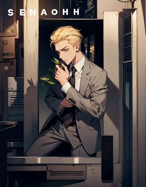 Adult male、Urban handsome guy、Slicked back、sweater、Blonde、Green Eyes、Hug a flower、 grey suit、tie