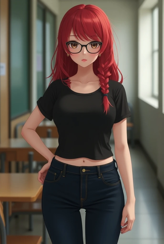 Create a short 16-year-old woman measuring 154 cm, 87 kilos ,  red dyed hair ,with bangs, hair down to the neck, glasses,  cup bra F , XXL panties butt, with very thin hips, big thigh,  dressed in a school uniform that is a slightly tight black t-shirt, br...