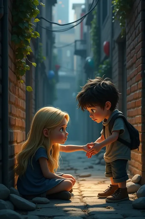 Beautiful blonde girl sits on the floor of a dark alley ,  while a handsome brown boy with blue eyes offers her a hand to get up 