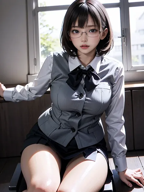   Japanese women   (      Black Short Bob         ),       Plump Body       ,       black eyes,(      wear rimless glasses      )     Office Lady Uniform     , (   A woman dressed in light grey     ), Large Breasts,    is wearing a mini pleated skirt  ,   ...