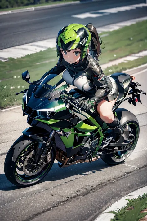 Kawasaki Ninja H2R, motorcycle riding, girl, young, big breasted, mini skirt